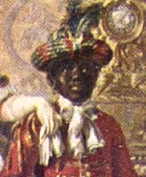 A black servant boy in red uniform in an 18th century drawing room