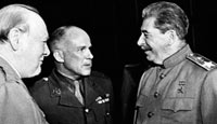 Winston Churchill and Soviet leader Joseph Stalin talk with an American general at the Potsdam Conference
