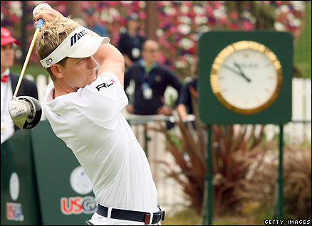 Luke Donald plays a tee shot at the US Open