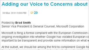 Screengrab of blog outlining Microsoft complaint against Google