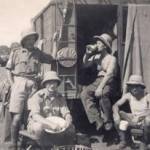 At the rear of the wireless truck somewhere in India — August 1942 L-R, Rear : Sergeant Copeman, Lance Corporal Lawton L-R, Front: Malamed, Mottershead