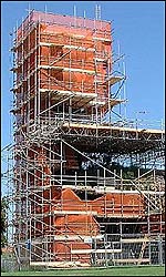 Scaffolding covers the castle keep .. (phot courtesy of English Heritage)
