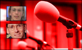 Microphone graphic with Judith Steele and Jonathan Hancock 
