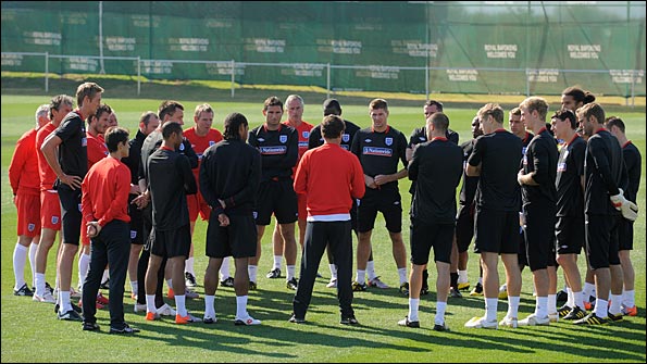 Fabio Capello talks to his charges at training on Monday