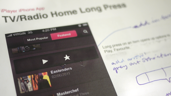 printed mockup with superimposed play and favourite icons