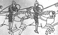 Black and white illustration showing a section of the Bayeux Tapestry