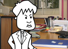 Tim in the office, looking angry