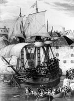 People waving farewell to the Mayflower as she leaves Plymouth, 6th September 1620. Original Artwork: After Gustave Alaux (Getty Images/Hulton|Archive)