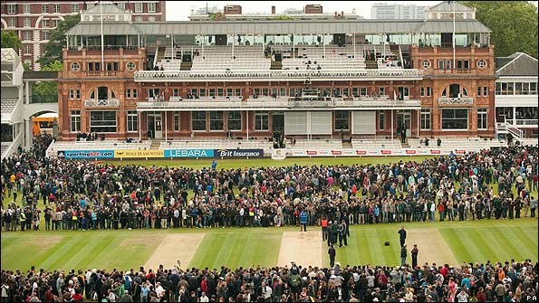 Spectators on the outfield at Lord's