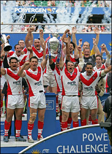 St Helens celebrate winning last year’s Challenge Cup at Twickenham