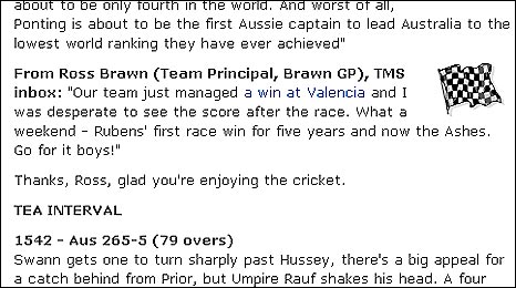 Ross Brawn's email to the BBC Sport website's live text commentary of the final Ashes Test
