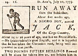 An advertisement from a 1779 edition of the 'Jamaica Mercury and Kingston Weekly Advertiser' offers a reward of two pounds and 15 shillings for the recapture of a young runaway