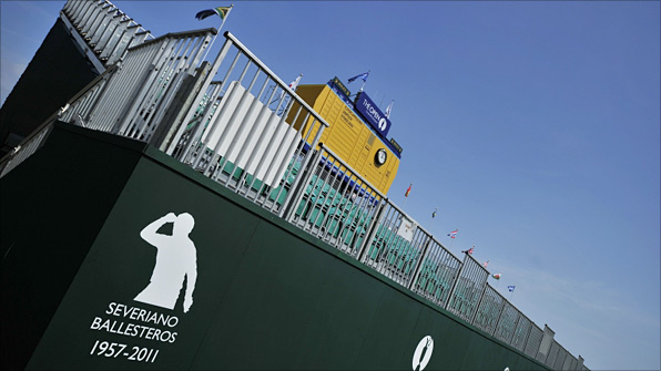 The stand and scoreboard on the 18th green at Royal St George's