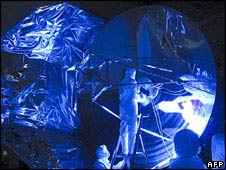 Herschel's 3.5m diameter mirror being checked using ultraviolet light