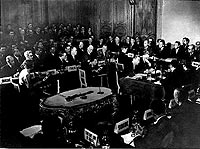 European and US leaders meet at the Chateau de la Muette in Paris in October 1947 to discuss the terms of the Marshall Plan
