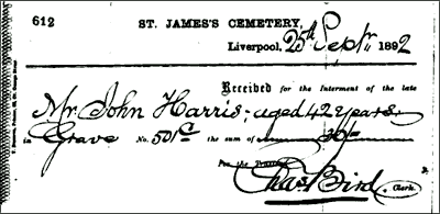 Mr John Harris' internment receipt