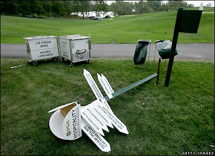 A sign blows down at Valhalla