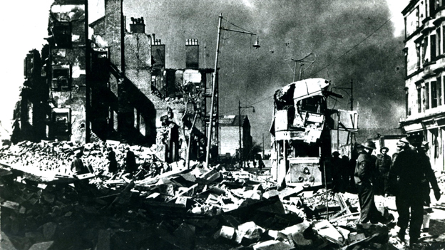 Black and white view of bomb damage in Dalmuir after the Clydebank Blitz.