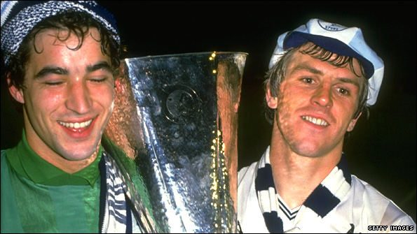 Tony Parkes and Gary Roberts celebrate Tottenham's 1984 Uefa Cup success