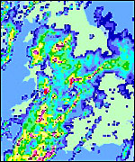 Radar pic of heavy rain over UK
