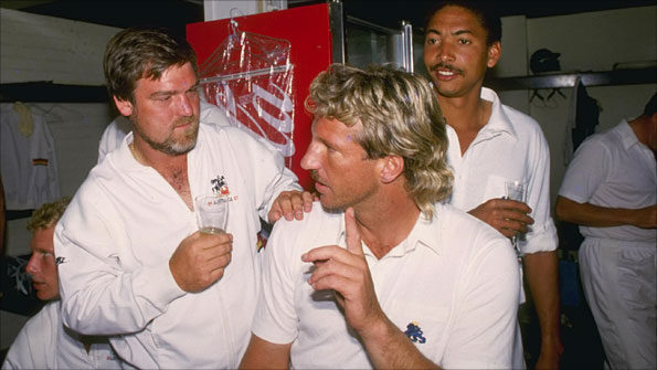 Mike Gatting, Ian Botham and Phil DeFreitas celebrate after winning the first 1986/87 Ashes Test at Brisbane