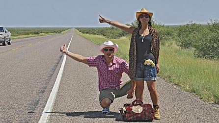 John Barrowman and Myleene Klass hitch a lift on their mammoth trip from Long Beach to Memphis