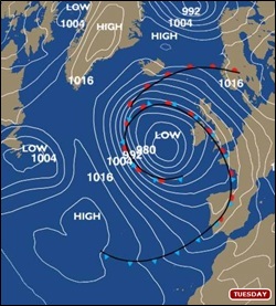 Tuesday's synoptic chart paints a distinctly wet and windy story