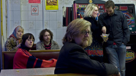 Production shot of National Theatre Wales' A Good Night Out in the Valleys featuring Boyd Clack, Sharon Morgan, Siwan Morris, Oliver Wood, Huw Rhys and Amy Starling © National Theatre Wales.