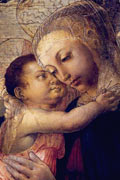 Mary and baby Jesus cuddle each other