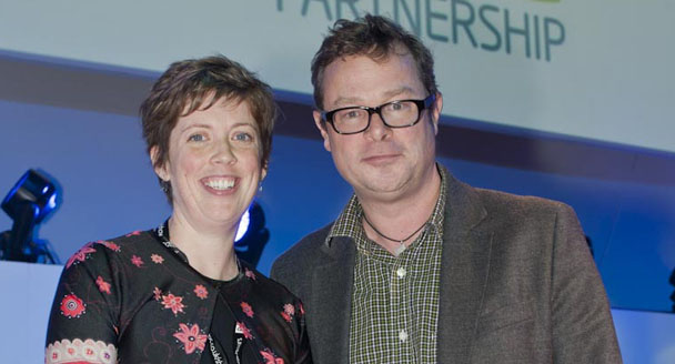 Emma Noble accepts the Derek Cooper award from Hugh Fearnley-Whittingstall.