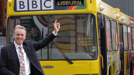 BBC Bus in Lisburn with presenter Noel Thompson &copy;BBC