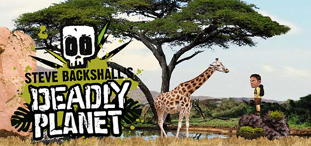 Steve Backshall looking at a giraffe in the Deadly Planet game