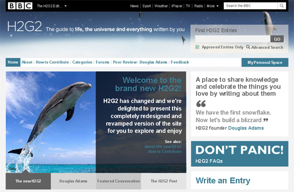Screenshot of the new H2G2 homepage