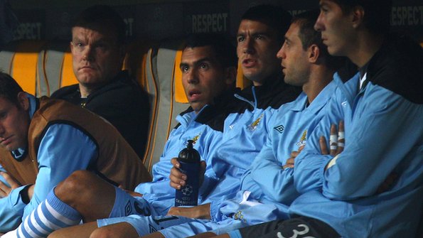 Carlos Tevez on the bench for Manchester City