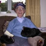 Ted (on his 95th birthday) with his gloves and note from the Russian Major.