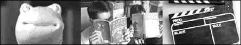 bookworm, boy reading Harry Potter and film slate-board