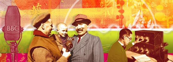 An old microphone, interviewer and interviewees, 