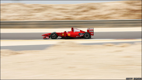 The Ferrari of Kimi Raikkonen in action in Bahrain