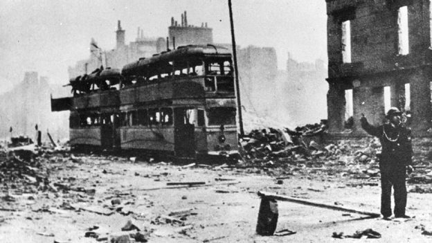 View of air raid destruction to tenements on Dumbarton Road in Clydebank.