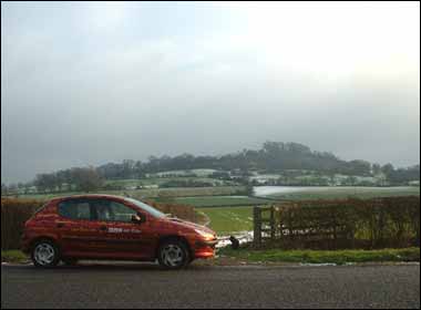 The BBC car beneath Meon Hill 