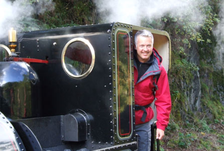 Derek on a steam train at Abergynolwyn