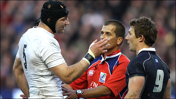 Steve Borthwick remonstrates with referee Marius Jonker in his last Test, a 15-15 draw with Scotland