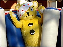 Pudsey Bear on the Brindleyplace obstacle course