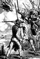 Black and white illustration showing Chartists and the authorities in conflict