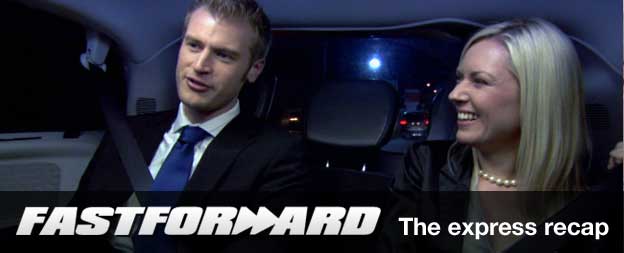 Stella English and Chris Bates chat in the back of a car