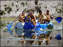 raft racing in the moat at the Bishop's Palace