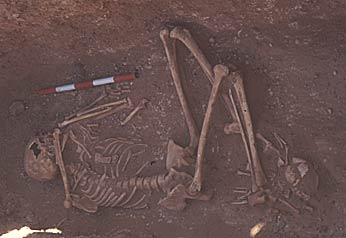 The skeleton of an adult Nubian female. A baby's skeleton lies across her ankles