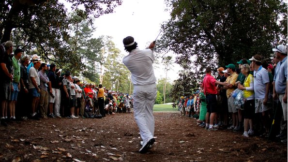 Bubba Watson plays a shot from the rough