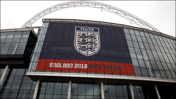 A sign promoting England's World Cup 2018 bid hangs from Wembley Stadium 