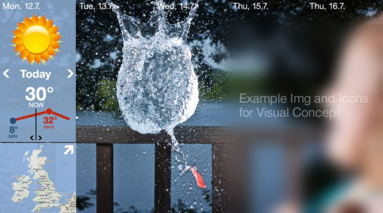 Mocked-up weather page with close-up of raindrop in background.